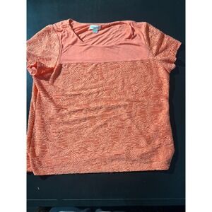 Calvin Klein Womens XXL Coral Orange Textured Plisse Floral Short Sleeve Top Tee